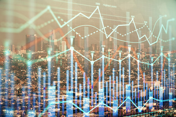 Forex chart on cityscape with skyscrapers wallpaper double exposure. Financial research concept.