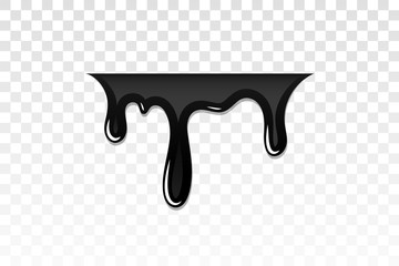 Drip paint 3D. Ink stain. Drop melt liquid isolated on white transparent background. Splash of chocolate, oil, blood. Black graffiti. Splatter syrup, candy sauce, caramel. Vector illustration