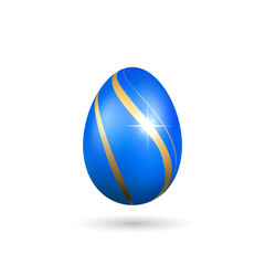 Easter egg 3D icon. Gold blue egg isolated white background. Golden design template, decoration Happy Easter celebration. Holiday element. Shiny pattern. Traditional symbol spring. Vector illustration