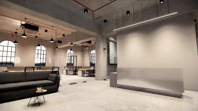 Interior Empty Modern Loft Office open space modern office footage.Modern open concept Lobby and reception area meeting room design.4k .Rendering 3d.