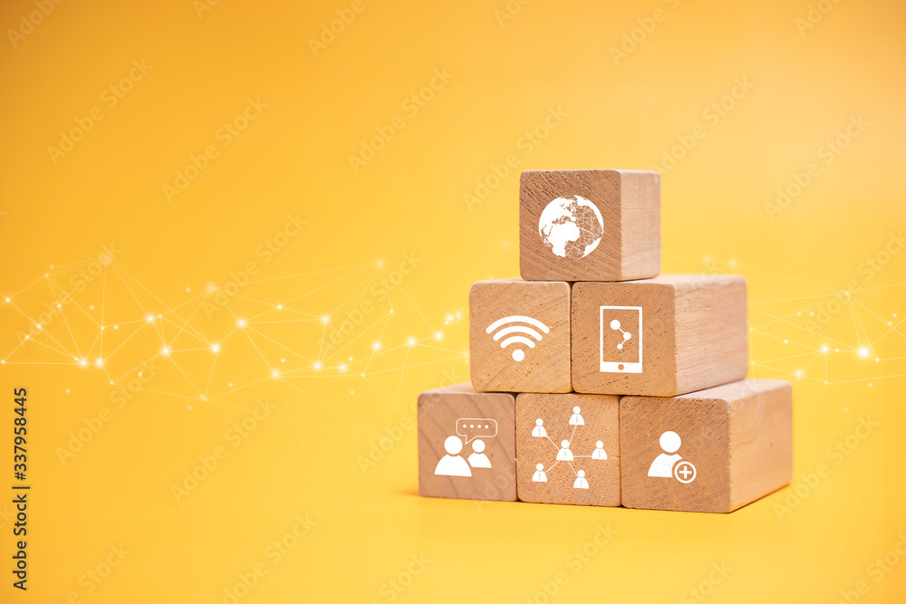 Aufkleber mock up miniature block concept progression of technology on wireless transfer and communication on 