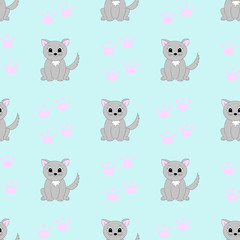 Seamless pattern with cartoon baby cat. Vector illustration.
