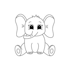 Hand drawn elephant, of black contour isolated on white background. Design element for coloring book. Vector. 