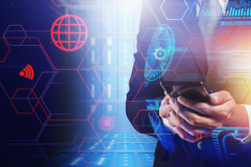 Man with phone in data center, network interface