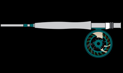 Fly Fishing Rod and Reel Vector Illustration Trout Fishing Fly Fisherman Isolated on Black Background