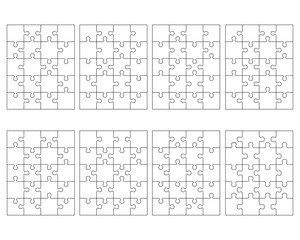 Illustration of eight white different puzzles, separate pieces	