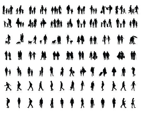 Black silhouettes of people walking, illustration on a white background