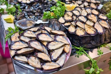 Seafood mussels at the fish market in Cagliari Sardinia Italy