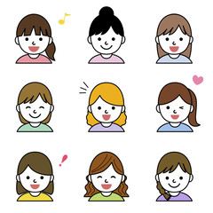 いろいろな女性の顔アイコン  / vector eps