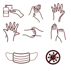 Hand washing steps and mask preventing covid-19 virus infection. Icon set vector