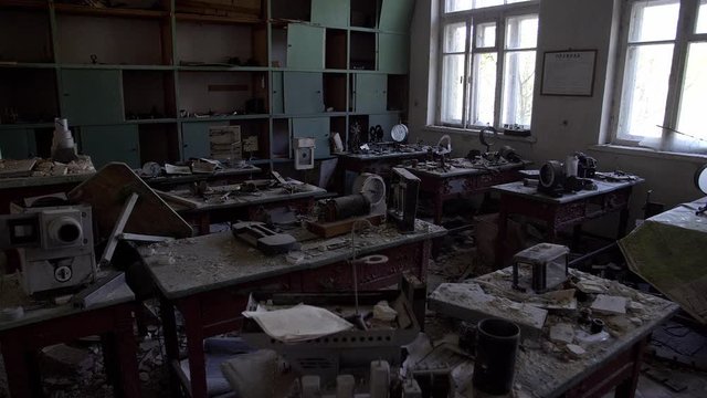 Chernobyl Exclusion Zone. Inside an Abandoned School in Mashevo Village. Wide Dolly Shot