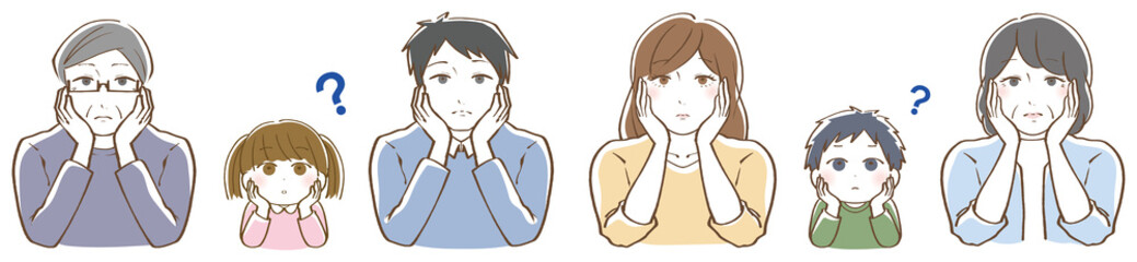 頬杖をつき考える家族のイラスト　三世代