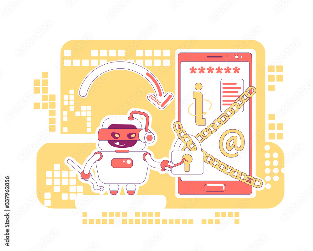 Poster hacker bot thin line concept vector illustration. stealing personal account data and content. bad sc
