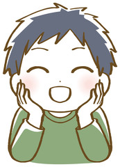 頬杖をつき笑顔の男の子のイラスト
