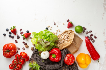 Groceries shopping nowaste bag with healthy food top view