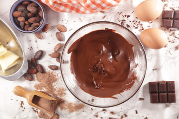 melted chocolate in bowl with wooden spoon and ingredient