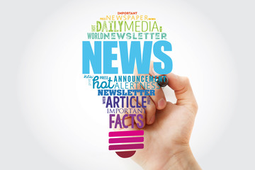 NEWS light bulb word cloud collage, business concept background