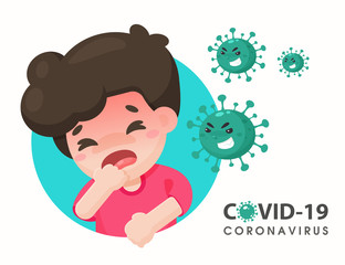 Cartoon boy who is infected with the corona virus attack until illness and high fever.