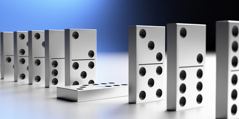 Dominoes game blocks standing, one down. 3d illustration