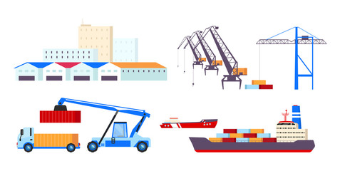 Fototapeta premium Maritime transportation flat color vector objects set. Freight ships, cargo containers, heavy cranes and warehouses 2D isolated cartoon illustrations on white background. Freight shipping business