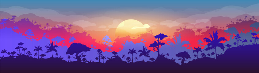 Jungle flat color vector illustration. Evening forest scenery. Panoramic woods at sunset. Tropical scenic nature with orange sun. Rainforest 2D cartoon landscape with layers on background
