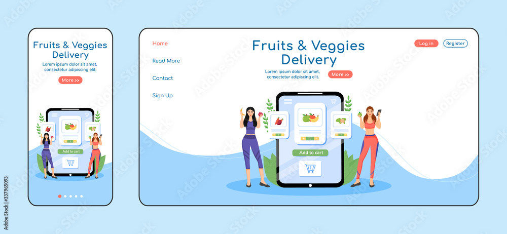 Poster greens delivery service adaptive landing page flat color vector template. greengrocery mobile and pc