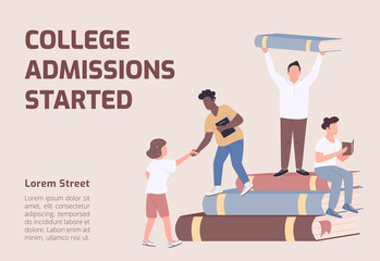 College admissions started banner flat vector template. University brochure, poster concept design with cartoon characters. Students enrollment horizontal flyer, leaflet with place for text