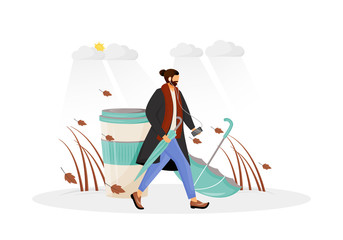 Man in coat go for walk flat concept vector illustration. Person with umbrella. Male hipster in fall 2D cartoon character for web design. Coffee takeaway in cold weather. Autumn creative idea