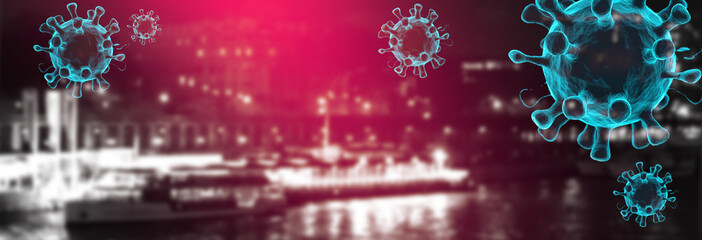 Covid-19, night city, neon lights, dark empty streets, abstraction background with elements of the virus. The epidemic of viral diseases. Micro organisms, macro. Pandemic, social environment.