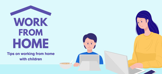 Work from home concept, Mother working on laptop while her son watching cartoon. Vector
