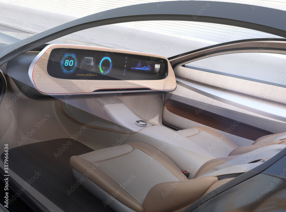 Poster autonomous electric car without steering and pedals driving on the highway. wide digital multimedia 
