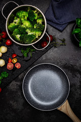 Empty Pan on Kitchen Counter  with Fresh Vegetables. Product Template Mock Up. Product Placement Background