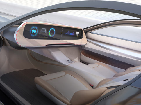 Autonomous electric car without steering and pedals driving on the highway.  Wide digital multimedia screen and icons in generic design. 3D rendering image.