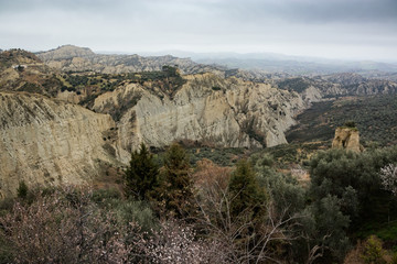 Calanchi of Aliano (Matera). The park of the Aliano gullies, clay sculpture caused by rainwater eroded the surface. The badlands of Basilicata, a lunar landscape in South Italy