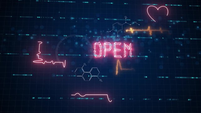 Open 24/7 Hours Blue Neon Light on Brick Wall. 24 Hours Night Club Bar Blinking Neon Sign. Motion Animation. Video available in 4K FullHD and HD render footage