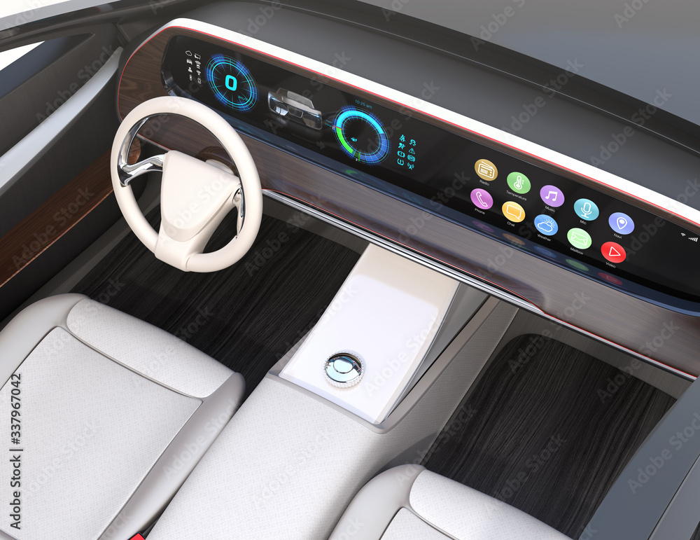 Aufkleber close-up view of self-driving electric car's interior. wide dashboard with generic multimedia icons 
