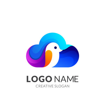 Bird cloud logo. Blue cloud with cute bird silhouette logo vector