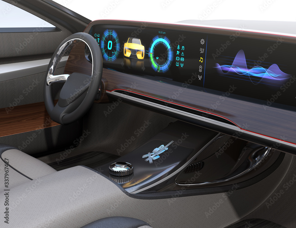 Aufkleber close-up view of self-driving electric car's interior. wide dashboard display speedometer and music 