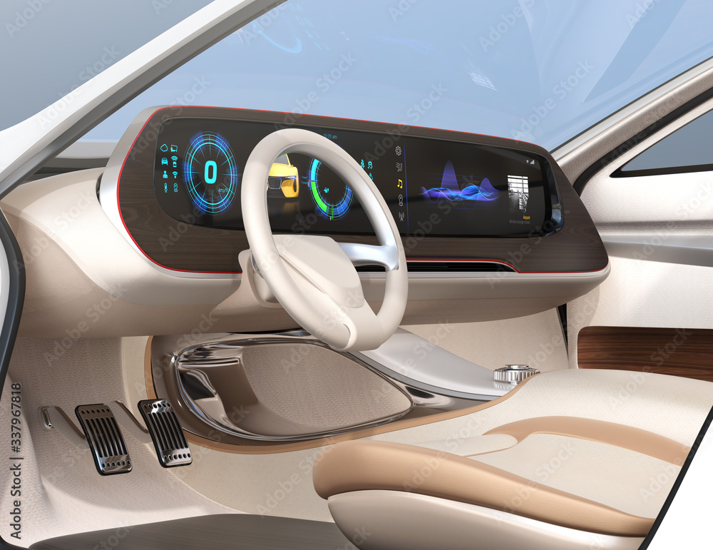 Poster close-up view of self-driving electric car's dashboard. wide digital multimedia screen. 3d rendering