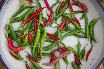 Red and green fresh hot chili peppers in a white metal basin