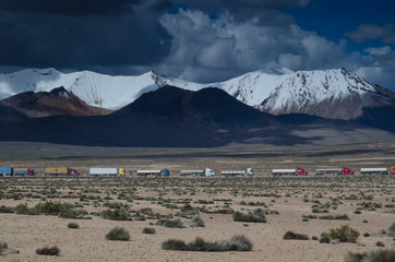 Retention trucks because of road works in Lauca National Park. Arica y Parinacota Region. Chile.