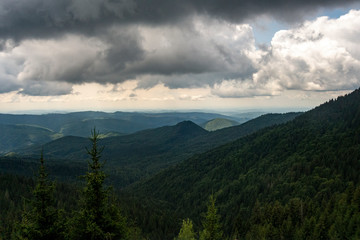 Fototapeta na wymiar View of Bucegi Mountains, Bucegi National Park, Romania, cloudy day, autumn time