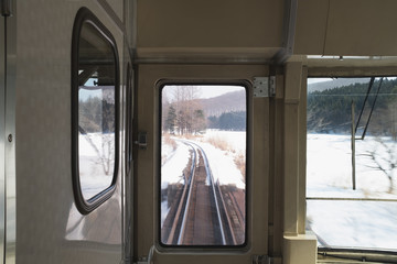 Railway tracks running between snow-covered cities in Japan