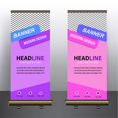 modern banner roll-ups. vertical banner layout for advertising, business, school, company, presentation, vector illustration, purple and pink background