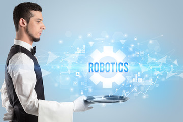 Waiter serving new technology concept with ROBOTICS inscription
