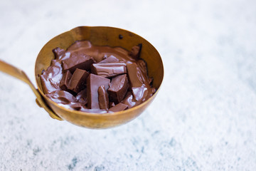 Melted dark chocolate. Copy space.