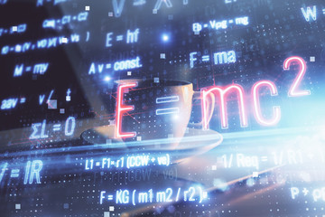 Desktop computer background and formula hologram writing. Double exposure. Education concept.