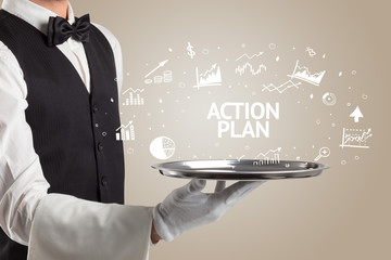 Waiter serving business idea concept with ACTION PLAN inscription