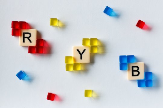 Closeup shot of small red, blue, and yellow square crystals demonstrating the RYB color model