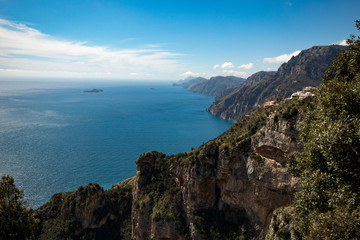 Fototapeta na wymiar Beautiful view of Amalfi coast seen from the Path of the Gods (Sentiero degli Dei) Trekking route from Agerola to Nocelle, Campania, Italy